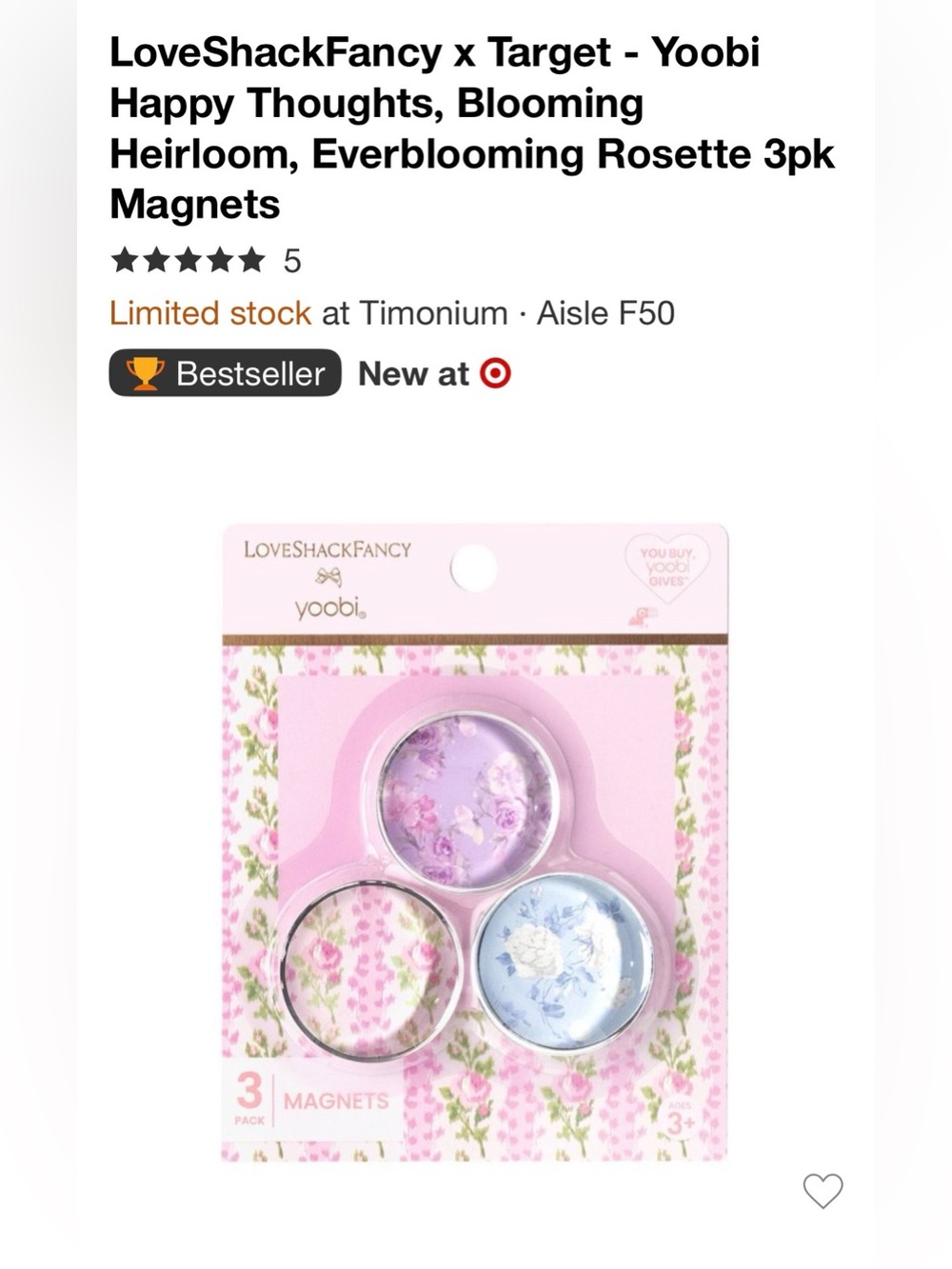 LoveShackFancy x Target Yoobi Floral Round Magnet Set 3 in Pink, Lavender, Blue